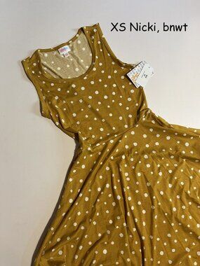 XS Lularoe Nicki sleeveless dress, mustard gold with white dots